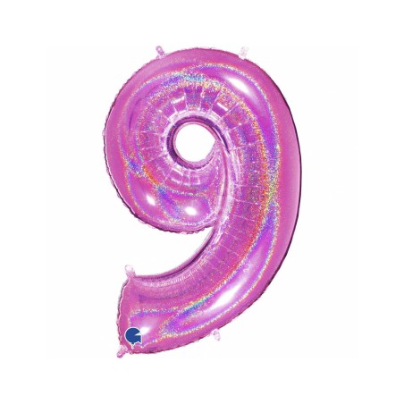 BALLON METALLIQUE CHIFFRE 9 HOLOGRAPHIQUE GLITTER FUSHIA 102CM 