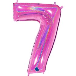 BALLON METALLIQUE CHIFFRE 7 HOLOGRAPHIQUE GLITTER FUSHIA 102CM 