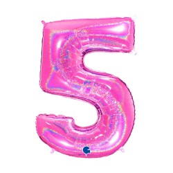 BALLON METALLIQUE CHIFFRE 5 HOLOGRAPHIQUE GLITTER FUSHIA 102CM 