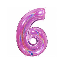 BALLON METALLIQUE CHIFFRE 6 HOLOGRAPHIQUE GLITTER FUSHIA 102CM 