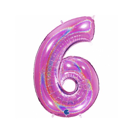 BALLON METALLIQUE CHIFFRE 6 HOLOGRAPHIQUE GLITTER FUSHIA 102CM 