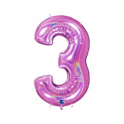 BALLON METALLIQUE CHIFFRE 3 HOLOGRAPHIQUE GLITTER FUSHIA 102CM 
