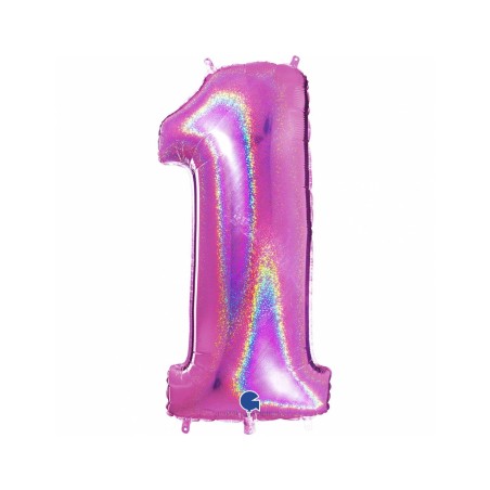 BALLON METALLIQUE CHIFFRE 1 HOLOGRAPHIQUE GLITTER FUSHIA 102CM 