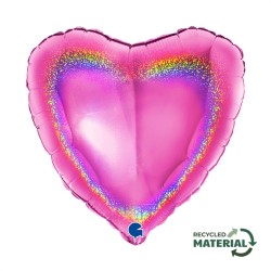 BALLON METALLIQUE COEUR 46 CM HOLOGRAPHIC GLITTER FUXIA OU ROSE FUCHSIA