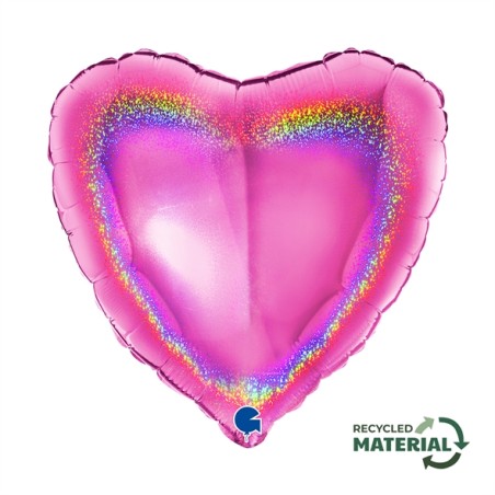 BALLON METALLIQUE COEUR 46 CM HOLOGRAPHIC GLITTER FUXIA OU ROSE FUCHSIA