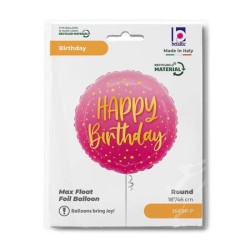 BALLON METALLIQUE ROND HAPPY BIRTHDAY ECRITURE OR SUR FOND ROSE 46 CM 