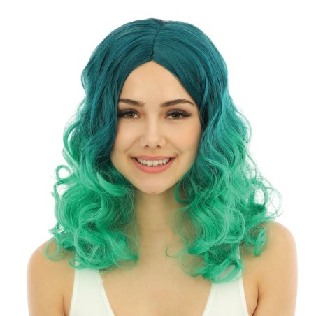 PERRUQUE CHEVEUX LONGS BOUCLES VERT DEGRADE  SANS FRANGE