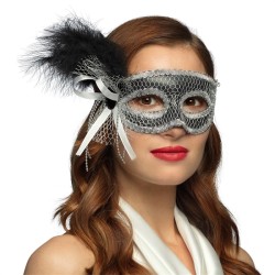LOUP OU DEMI-MASQUE VENISE NOIR ET ARGENT PLUME NOIRE SUR LE COTE