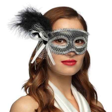 LOUP OU DEMI-MASQUE VENISE NOIR ET ARGENT PLUME NOIRE SUR LE COTE