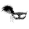 LOUP OU DEMI-MASQUE VENISE NOIR ET ARGENT PLUME NOIRE SUR LE COTE