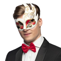 LOUP OU DEMI-MASQUE VENISE BLANC NOIR ET ROUGE NOTES DE MUSIQUE ASSYMETRIQUE