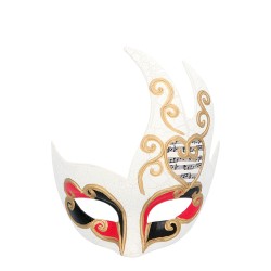 LOUP OU DEMI-MASQUE VENISE BLANC NOIR ET ROUGE NOTES DE MUSIQUE ASSYMETRIQUE