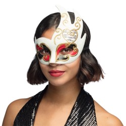 LOUP OU DEMI-MASQUE VENISE BLANC NOIR ET ROUGE NOTES DE MUSIQUE ASSYMETRIQUE