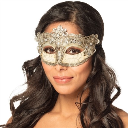 LOUP OU DEMI-MASQUE VENISE BAROQUE BLANC CASSE DENTELLE ET STRASS