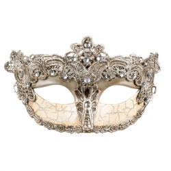 LOUP OU DEMI-MASQUE VENISE BAROQUE BLANC CASSE DENTELLE ET STRASS