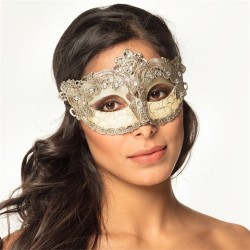 LOUP OU DEMI-MASQUE VENISE BAROQUE BLANC CASSE DENTELLE ET STRASS