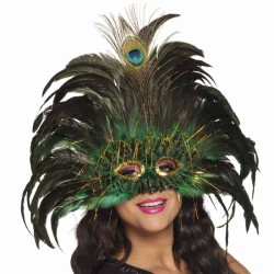 MASQUE A PLUMES DE PAON VERTES ET OR CARNAVAL DE RIO