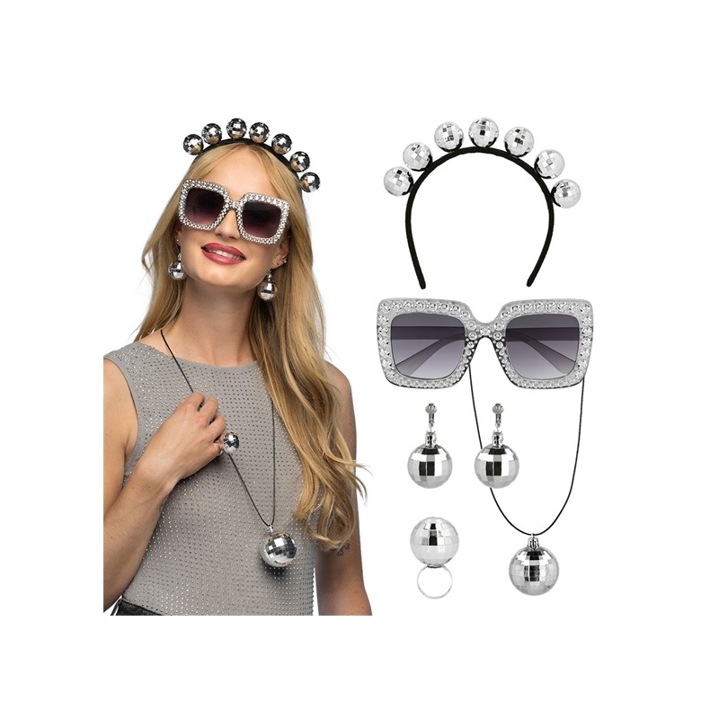 SET DISCO BOULE A FACETTE SERRE TETE LUNETTES COLLIER BAGUE ET BOUCLES OREILLES SET DISCO BOULE A FACETTE SERRE TETE LUNETTES COLLIER BAGUE ET BOUCLES OREILLES