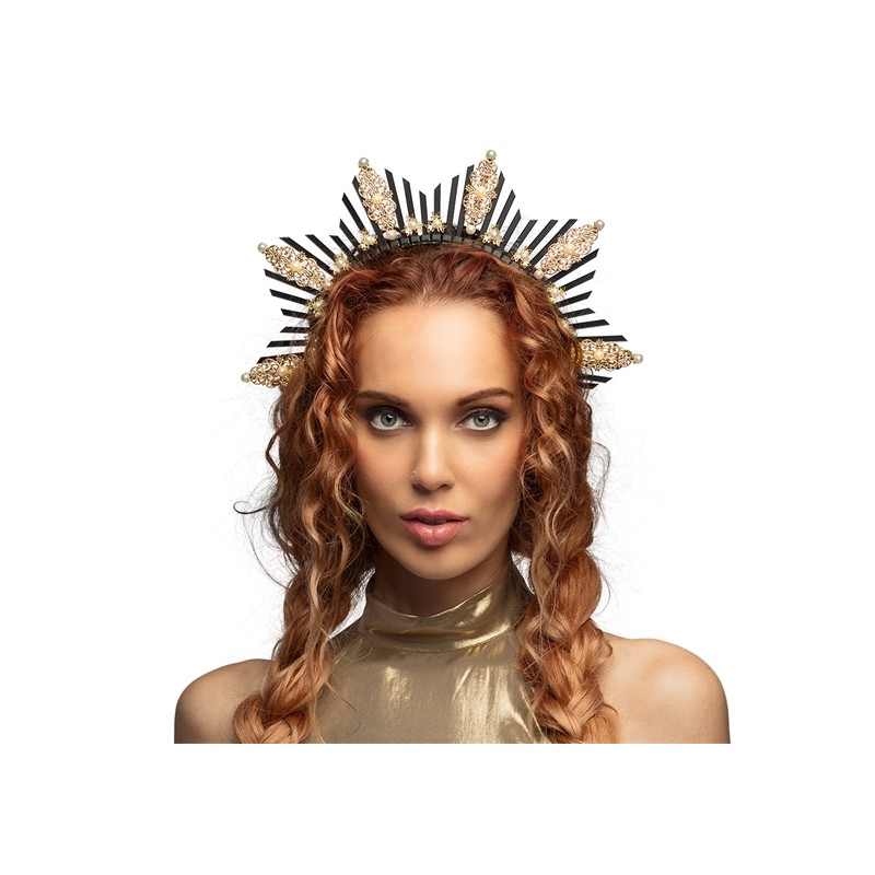 TIARE COURONNE DIADEME HALO ASTRA NOIR OR ET PERLES