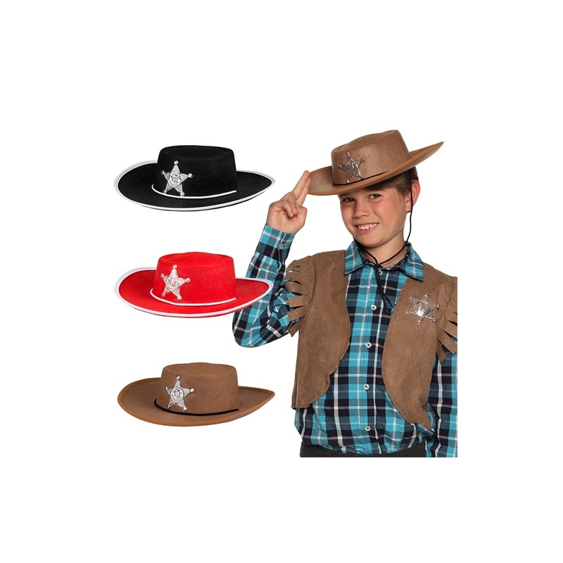 CHAPEAU COW BOY SHERIFF ENFANT COULEURS NOIR ROUGE OU MARRON CHAPEAU COW BOY SHERIFF ENFANT COULEURS NOIR ROUGE OU MARRON