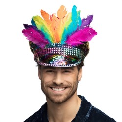 CASQUETTE RAINBOW CHIEF SEQUINS MULTICOLORES AVEC PLUMES