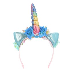 SERRE-TETE OU TIARE LICORNE FLEURS BLEUES AQUA