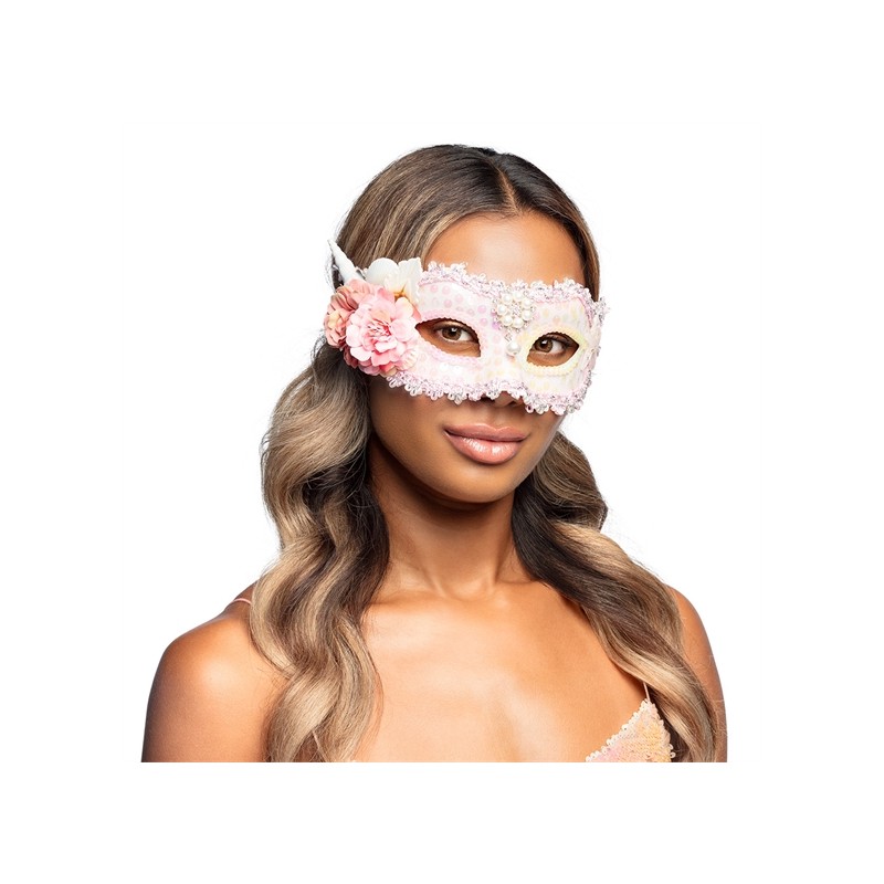 DEMI MASQUE OU LOUP SIRENE ROSE FLEURS ET COQUILLAGE