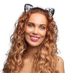 SERRE-TETE CHAT NOIR SEQUINS MULTICOLORES ARC EN CIEL