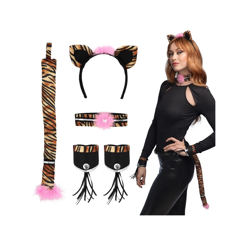 SET TIGRE MARRON ET ROSE SERRE TETE TOUR DE COU 2 BRACELETS ET QUEUE SET TIGRE MARRON ET ROSE SERRE TETE TOUR DE COU 2 BRACELETS ET QUEUE