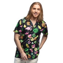 CHEMISE HAWAI FLAMANT ROSE ET ANANAS SUR FOND NOIR TAILLE L