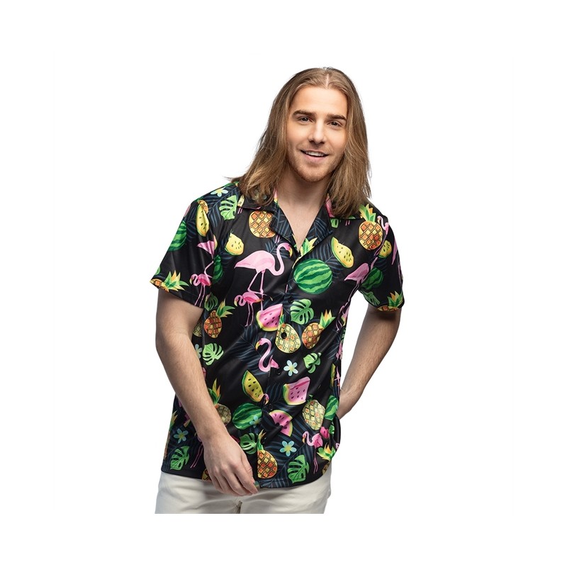 CHEMISE HAWAI FLAMANT ROSE ET ANANAS SUR FOND NOIR TAILLE L CHEMISE HAWAI FLAMANT ROSE ET ANANAS SUR FOND NOIR TAILLE L
