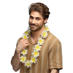 COLLIER HAWAIIEN FLEURS HIBISCUS BLANC ET JAUNE