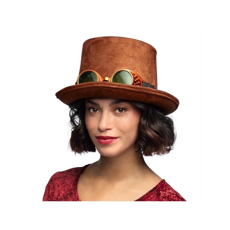 CHAPEAU HAUT DE FORME STEAMPUNK MARRON AVEC LUNETTES STREETPUNK CHAPEAU HAUT DE FORME STEAMPUNK MARRON AVEC LUNETTES STREETPUNK
