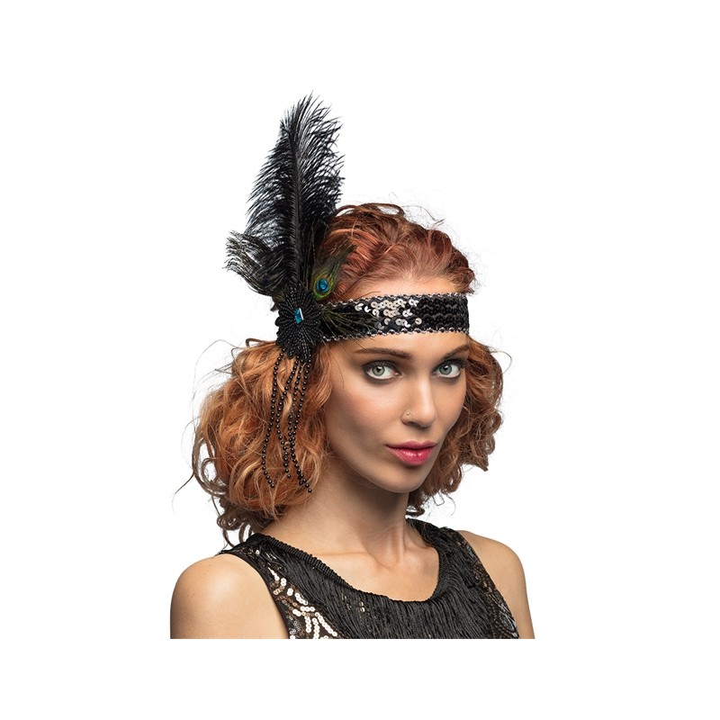 BANDEAU CHARLESTON A SEQUINS NOIR ET PLUMES DE PAON IRIS