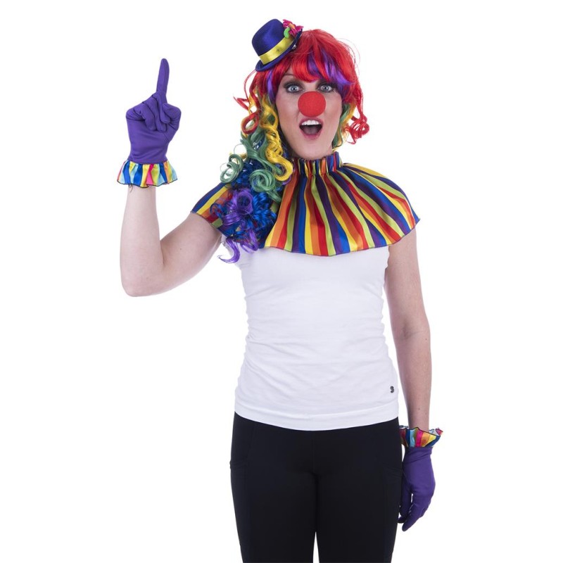 SET CLOWN ARC EN CIEL CHAPEAU GANTS COLLERETTE NEZ ROUGE SET CLOWN ARC EN CIEL CHAPEAU GANTS COLLERETTE NEZ ROUGE