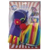 SET CLOWN ARC EN CIEL CHAPEAU GANTS COLLERETTE NEZ ROUGE