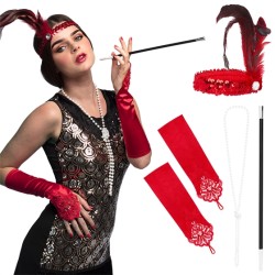 SET  CHARLESTONNE ROUGE GANTS SERRE TETE FUME CIGARETTE