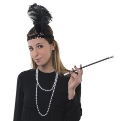 SET  CHARLESTONNE NOIR SERRE TETE FUME CIGARETTE COLLIERS EN PERLE