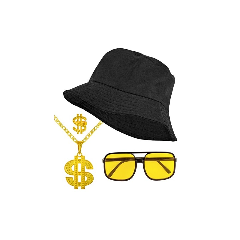 SET HIP HOP ANNEES 80- 90 BOB NOIR LUNETTES VERRES JAUNES COLLIER  BAGUE DOLLAR