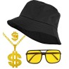 SET HIP HOP ANNEES 80- 90 BOB NOIR LUNETTES VERRES JAUNES COLLIER  BAGUE DOLLAR
