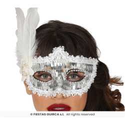 LOUP OU DEMI-MASQUE STRASS OU SEQUINS ARGENT AVEC PLUMES SUR LE COTE
