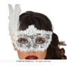 LOUP OU DEMI-MASQUE STRASS OU SEQUINS ARGENT AVEC PLUMES SUR LE COTE