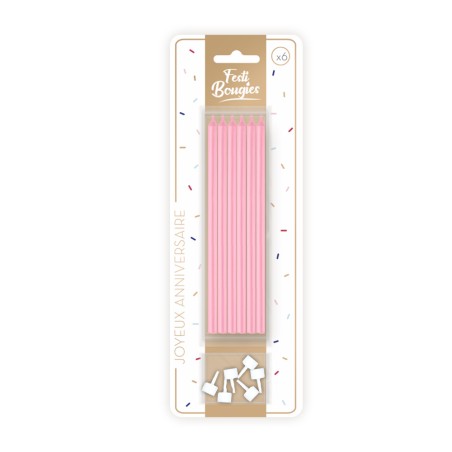 6 BOUGIES LONGUES COULEURS ROSE 15 CM 