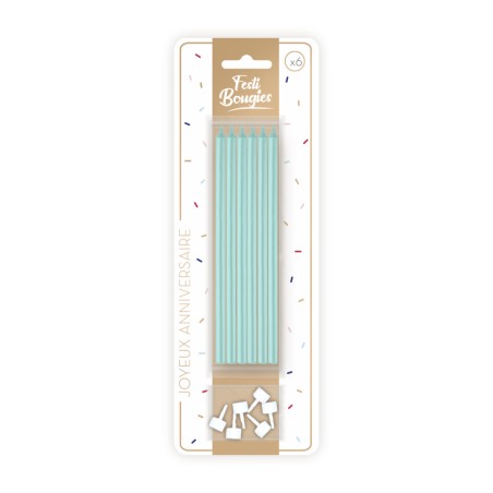 6 BOUGIES LONGUES COULEURS BLEU TURQUOISE 15 CM 