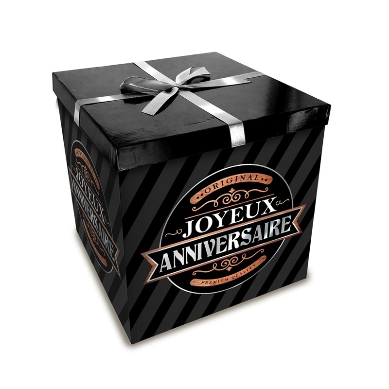 BOITE JOYEUX ANNIVERSAIRE NOIR ET OR   20 X 20 CM 