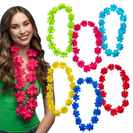 COLLIER HAWAIIEN FLEURS VERT ROSE BLEU JAUNE OU ROUGE
