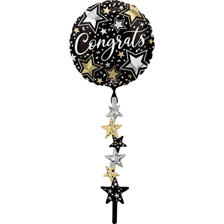 BALLON METALLIQUE ROND CONGRATS AIRWALWER NOIR  OR ET ARGENT 60 X 170 CM 