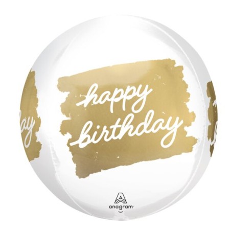 BALLON METALLIQUE ORBZ BLANC HAPPY BIRTHDAY OR GOLDEN AGE 38 X 40 CM 