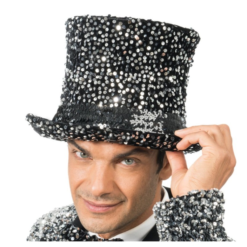 CHAPEAU HAUT DE FORME VELOURS NOIR ET ARGENT CHAPEAU HAUT DE FORME VELOURS NOIR ET ARGENT