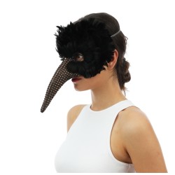 MASQUE  LOUP OISEAU LUMES NOIRES LONG NEZ CLOUTE OR